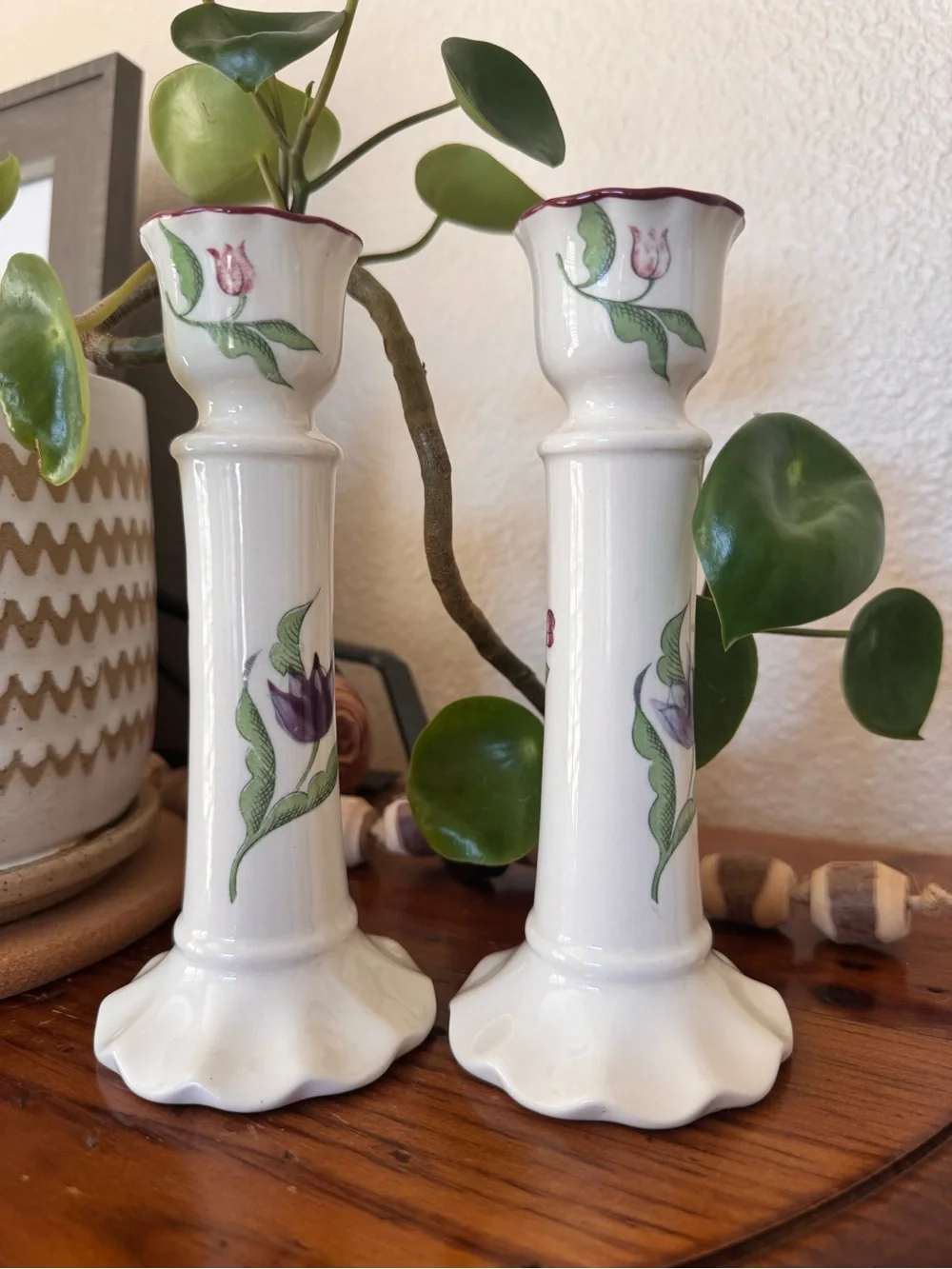 Vintage MANN Japan 1982 Floral Candlestick Holders Pair Cottagecore Porcelain